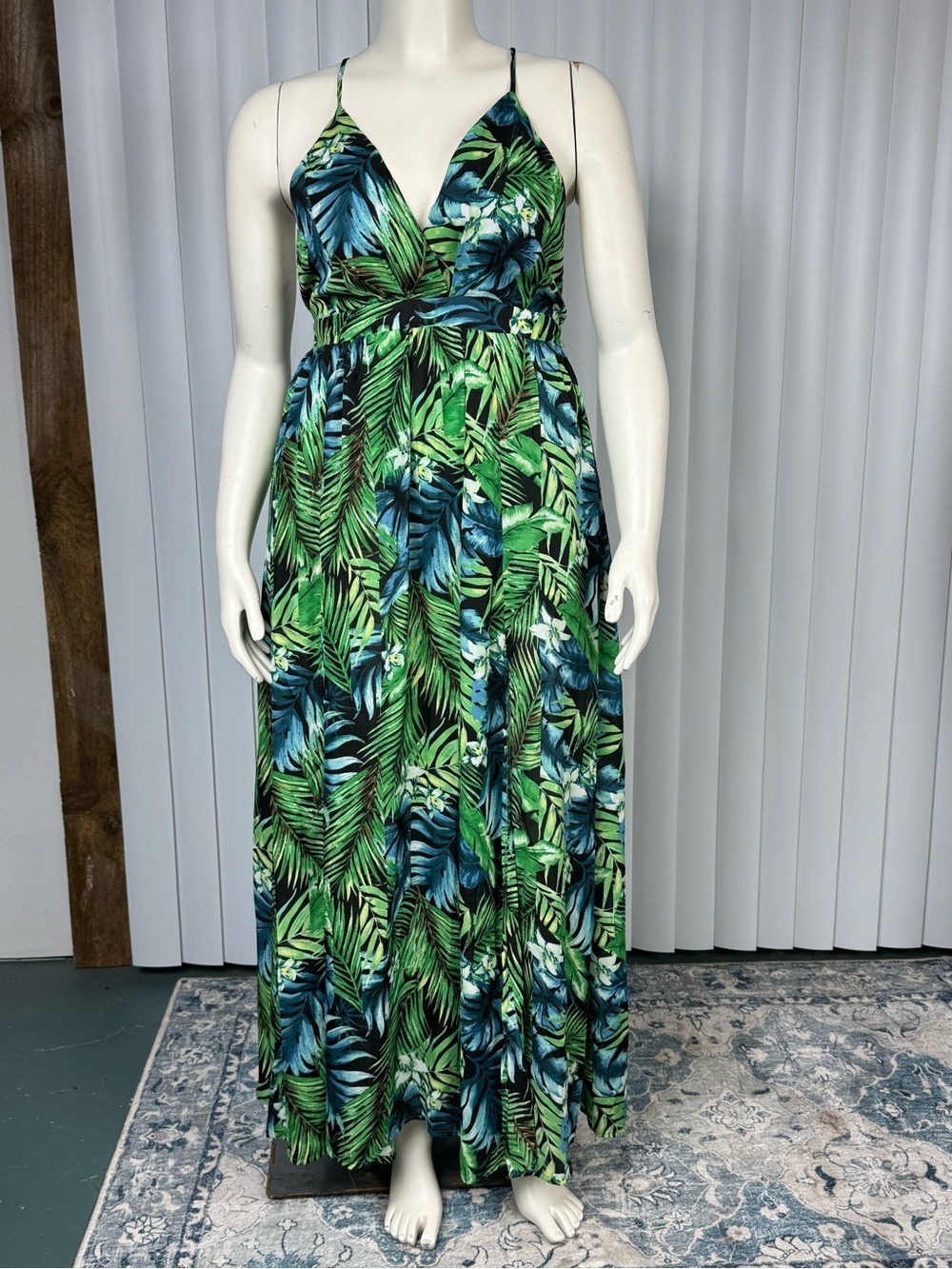 HYFVE Green Tropical Leaf Print Crisscross Back Maxi Dress Size L - Picture 2 of 16